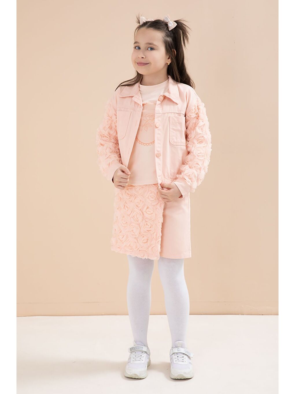 Pembe Somon Gül Detaylı Şort Etekli ve Ceketli Kız Çocuk 3lü Badili Takım 23610-4