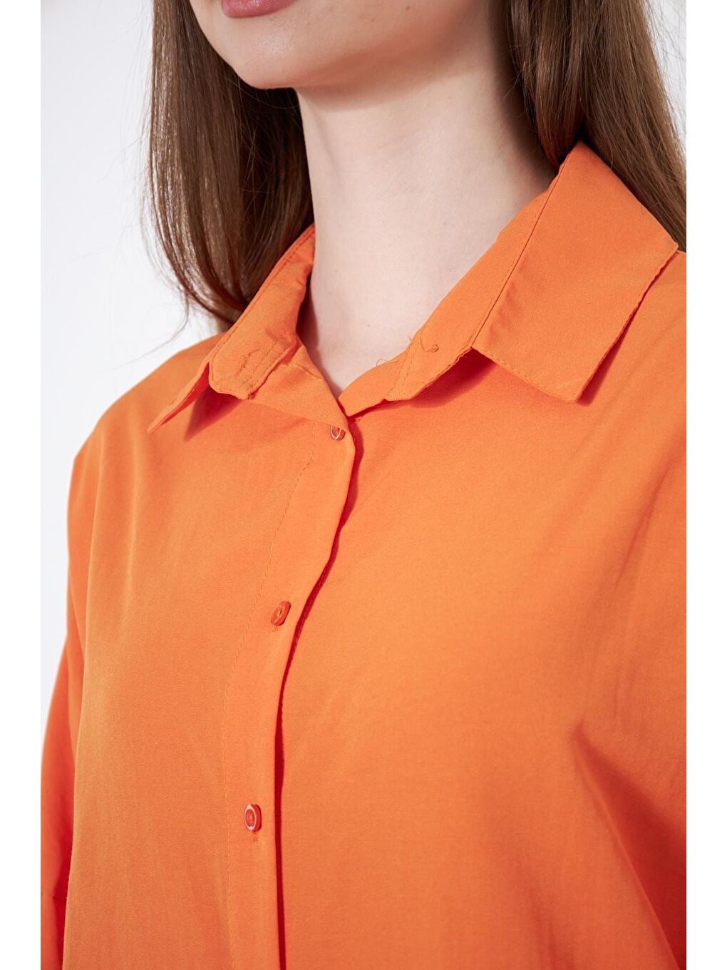 Kadın Oversize Uzun Basic Turuncu Gömlek-1