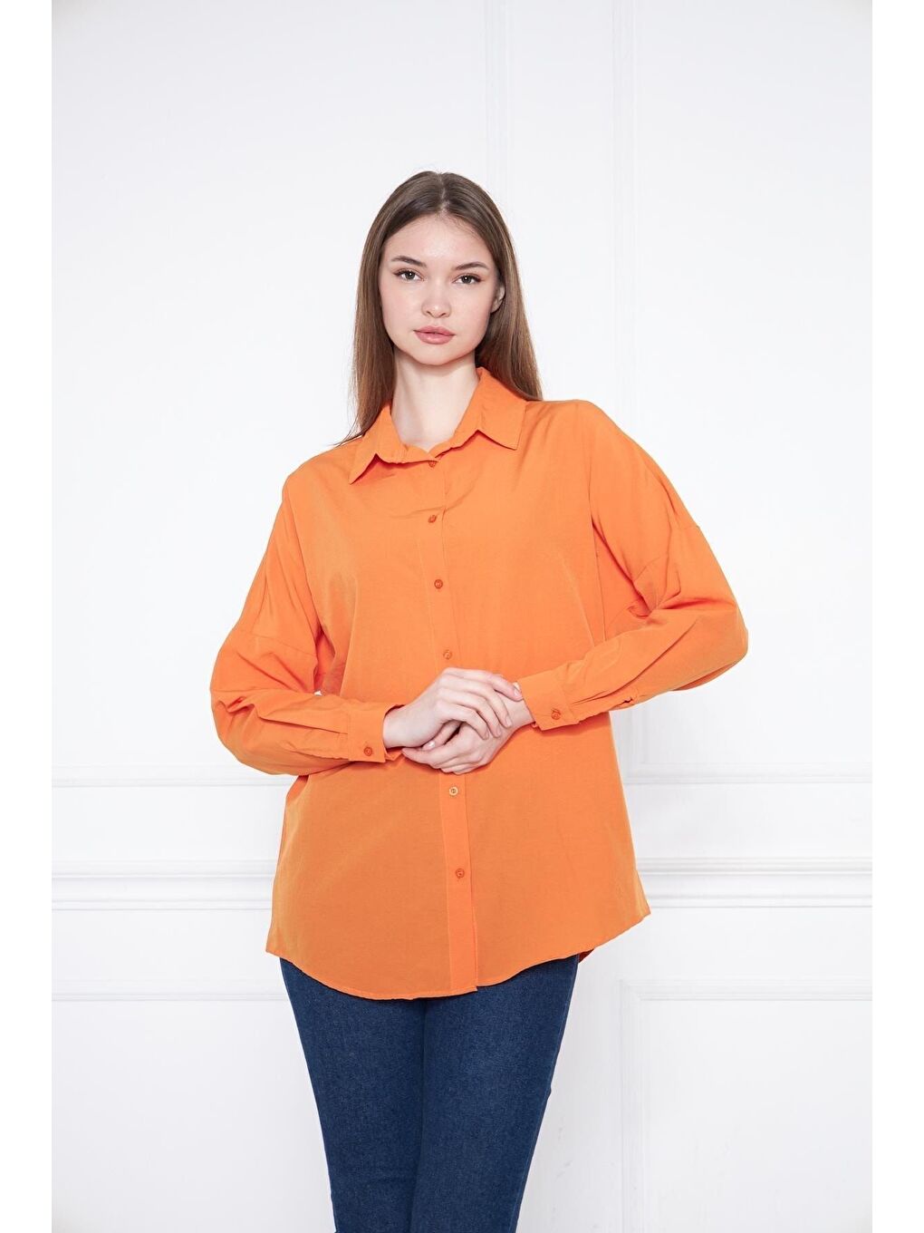 Kadın Oversize Uzun Basic Turuncu Gömlek-2