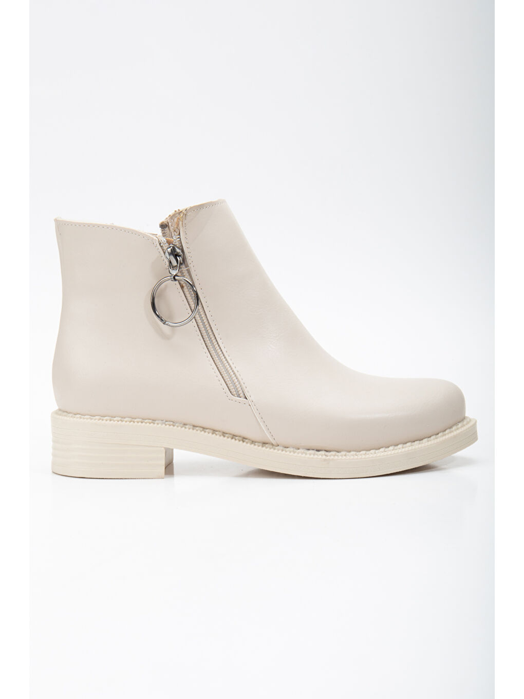 Bej Kadın Ten Cilt Termo Taban Tokalı Çift Fermuarlı Kısa Topuklu Bot-2