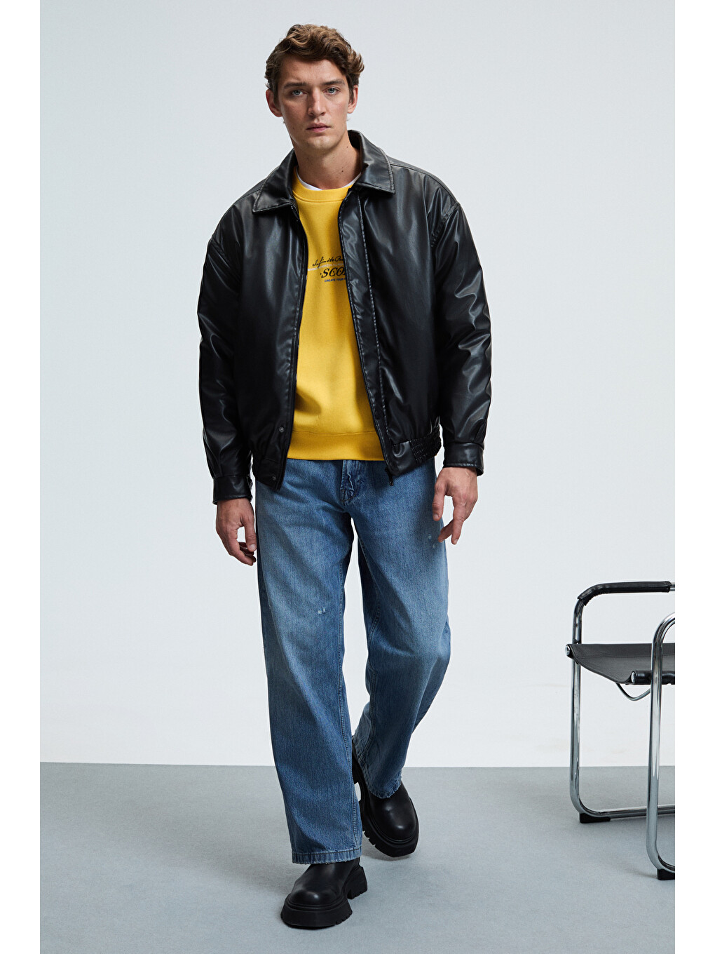 Leıf Erkek Kolları Biyeli Önü Baskılı Yuvarlak Yaka Oversize Sarı Sweatshirt-4