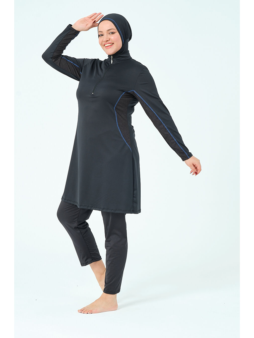 Siyah Kadın Kapalı Dik Yaka Fermuarlı Hızlı Kuruyan Büyük Beden Tesettür Mayo-2