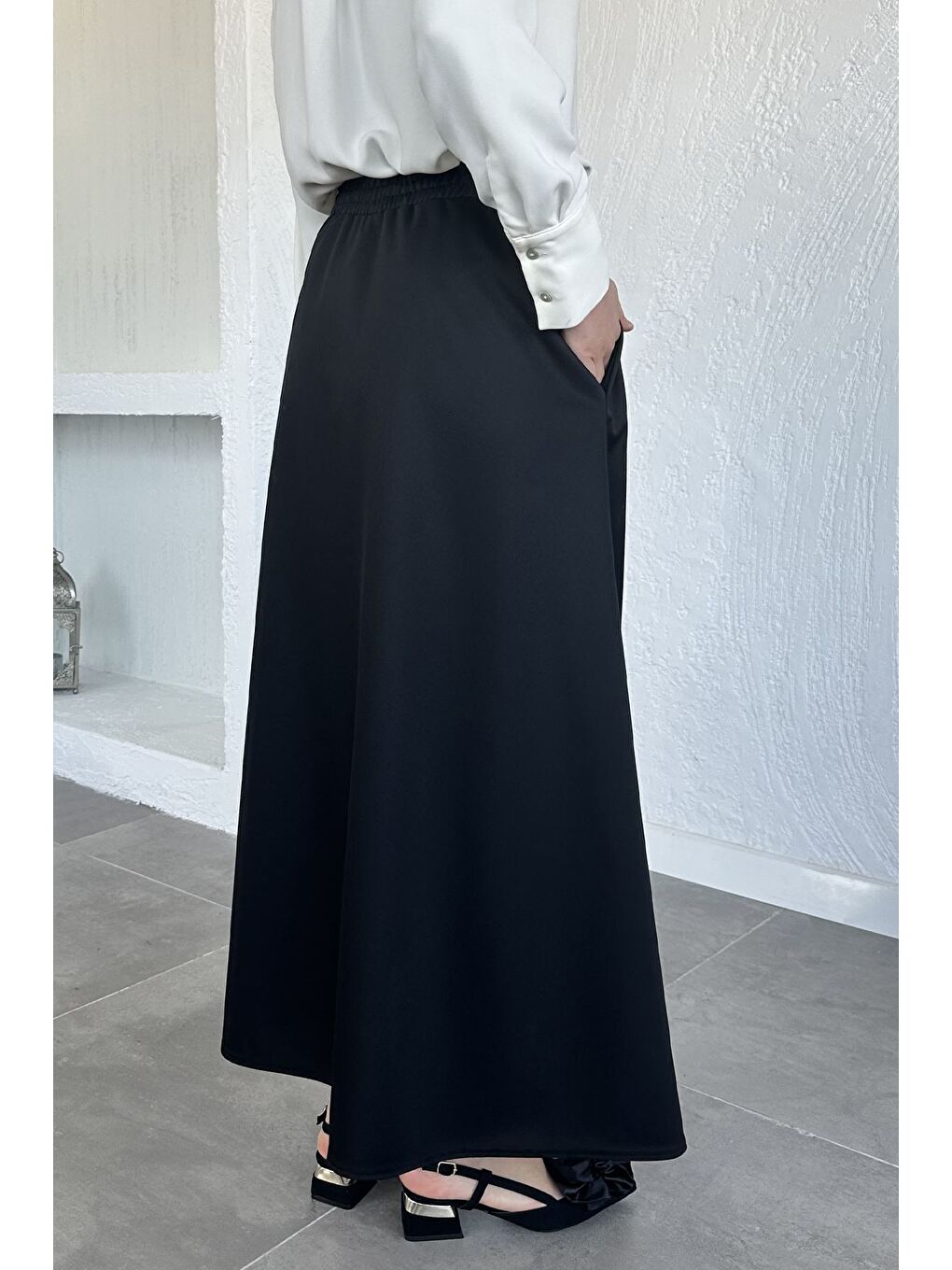 Siyah Kadın Bel Lastikli Tesettür Etek-4