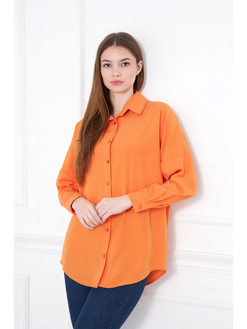 Kadın Oversize Uzun Basic Turuncu Gömlek-3