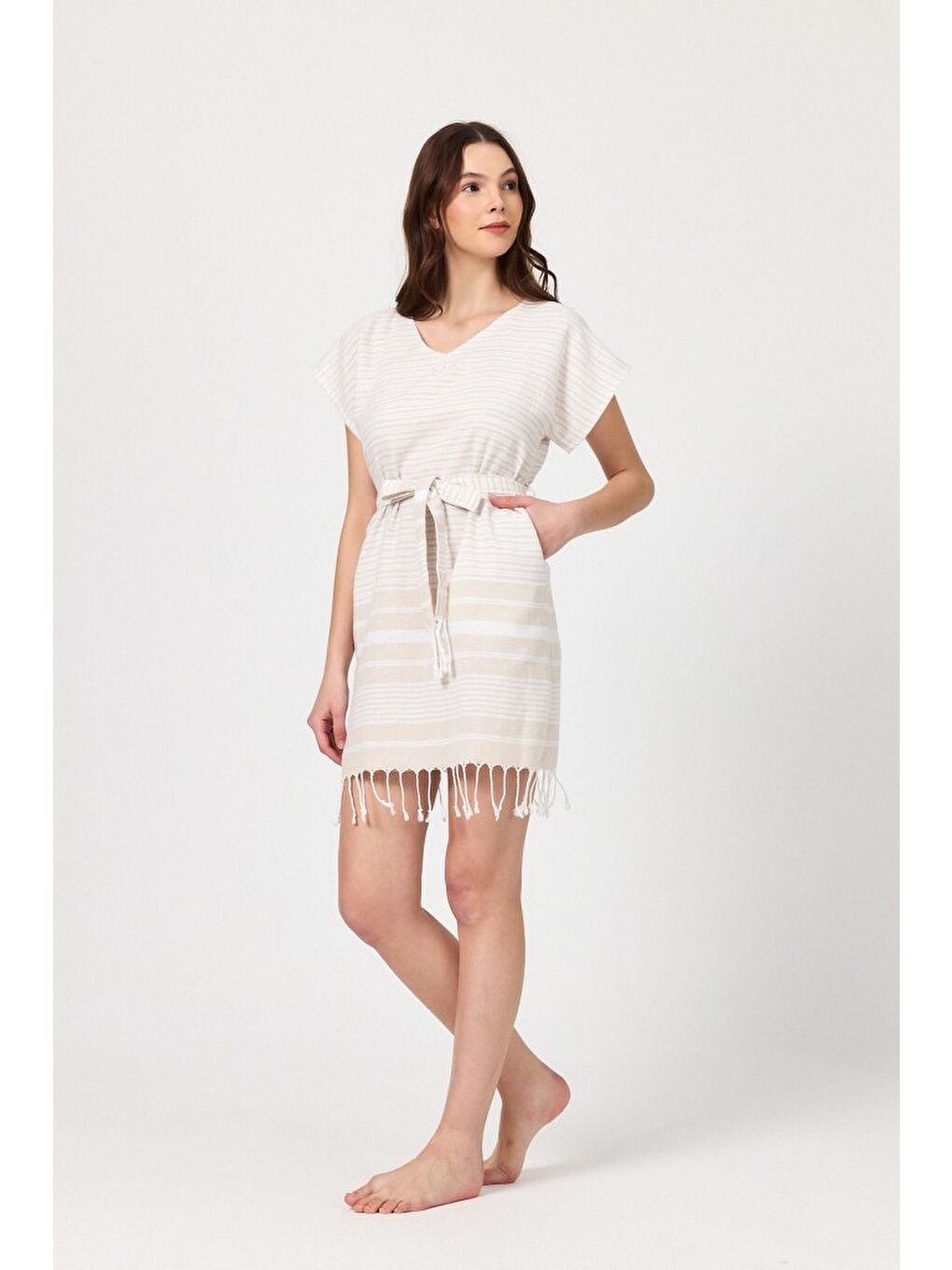 Bej Katya Plaj elbisesi Tunik pareo %100 Pamuk-7