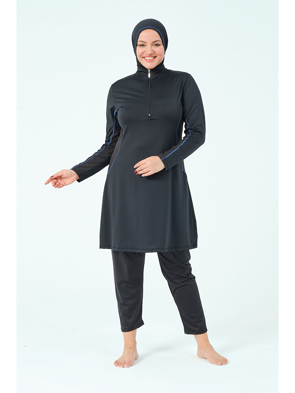 Siyah Kadın Kapalı Dik Yaka Fermuarlı Hızlı Kuruyan Büyük Beden Tesettür Mayo-3