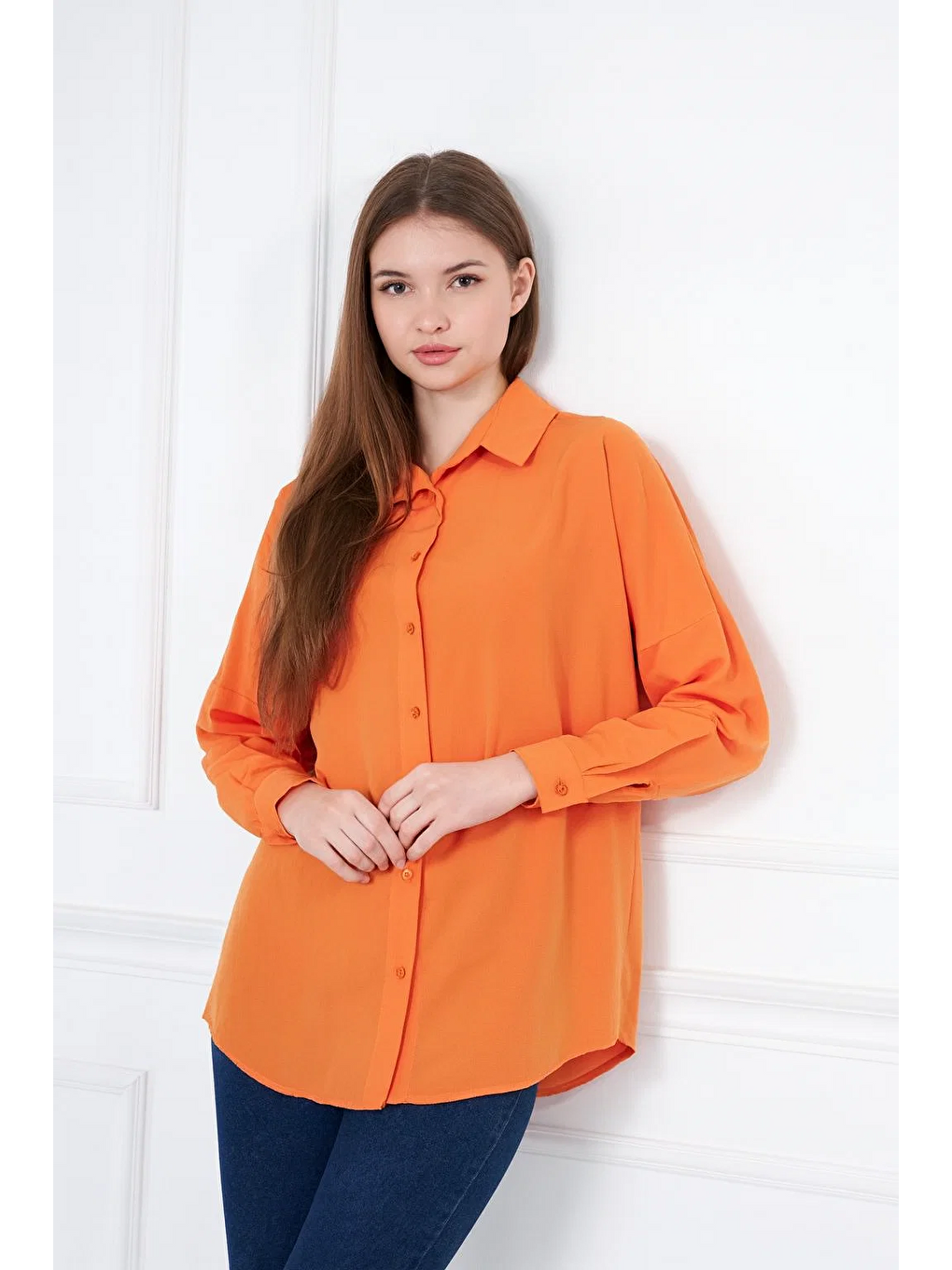 Kadın Oversize Uzun Basic Turuncu Gömlek-4