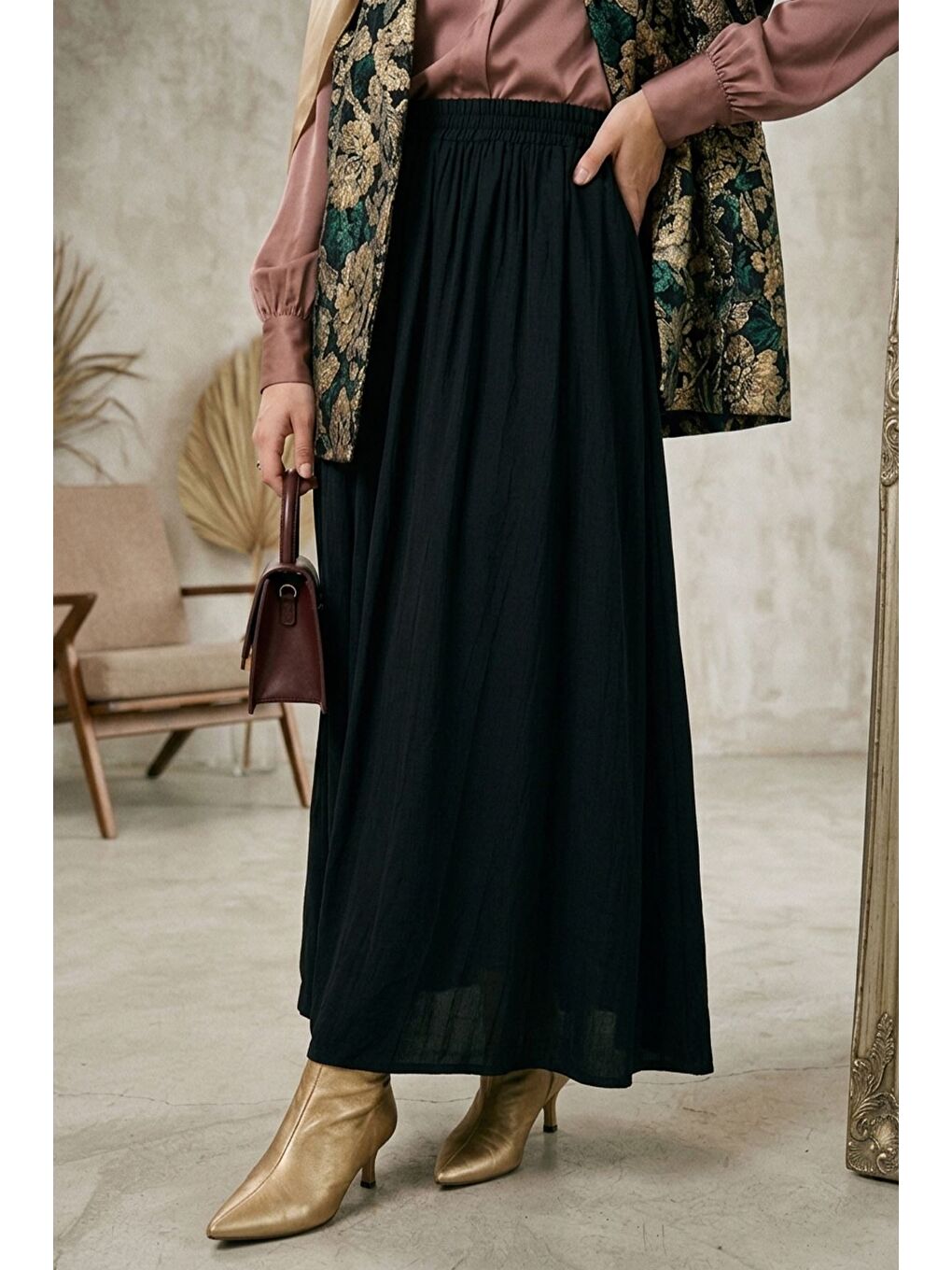 Siyah Bel Lastikli Cepli Tesettür Etek-5