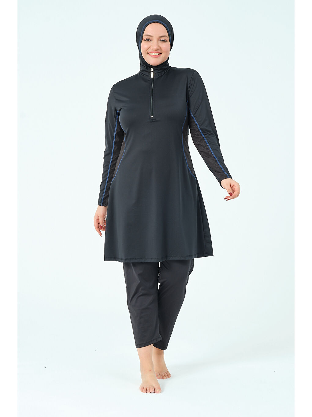 Siyah Kadın Kapalı Dik Yaka Fermuarlı Hızlı Kuruyan Büyük Beden Tesettür Mayo-4