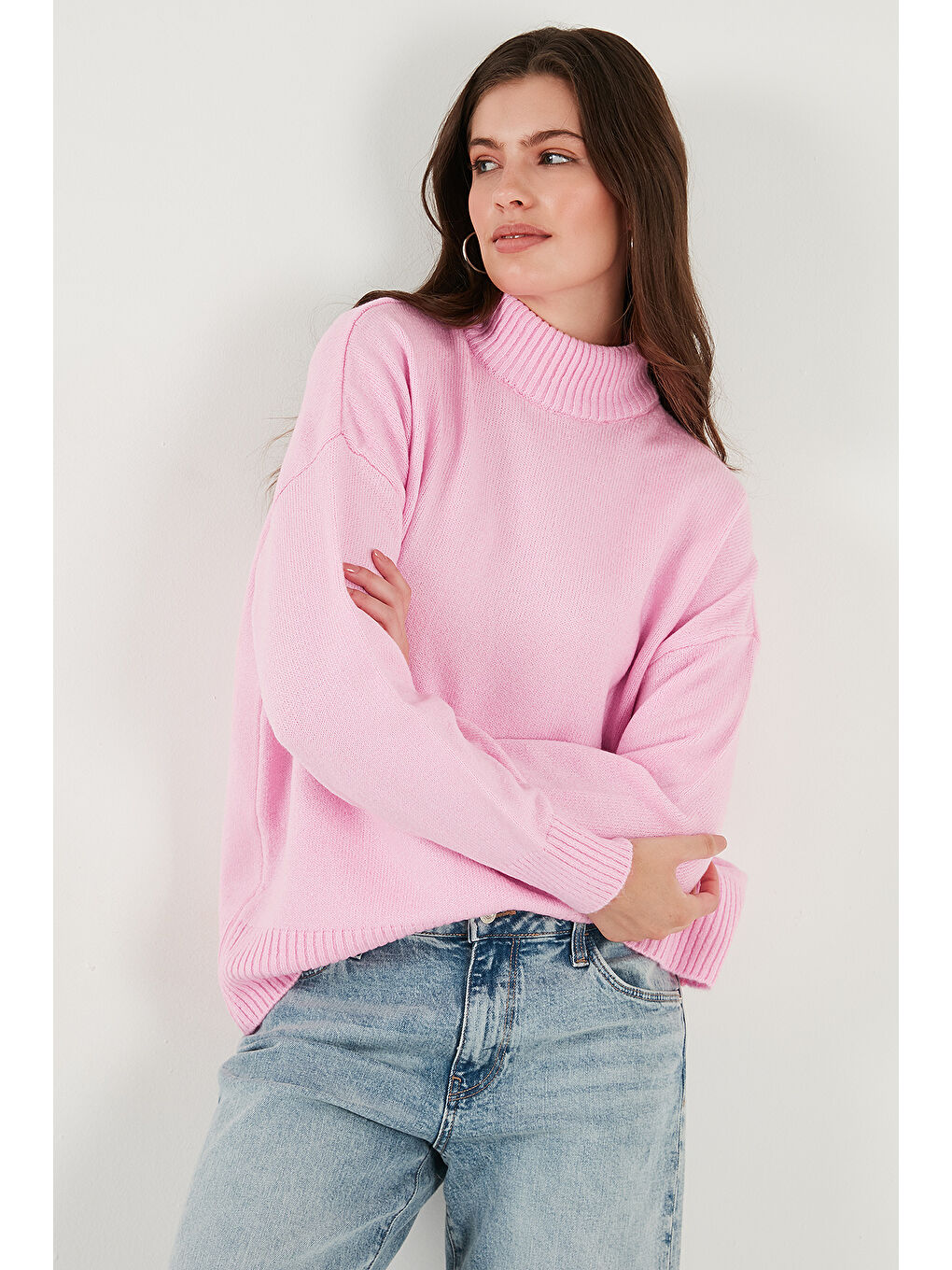 Pembe Premium Oversize Fit Balıkçı Yaka Yumuşak Dokulu Triko Kazak 680KZ00469-3