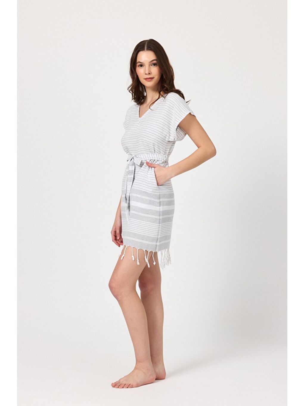 Gri Katya Plaj elbisesi Tunik pareo %100 Pamuk-5