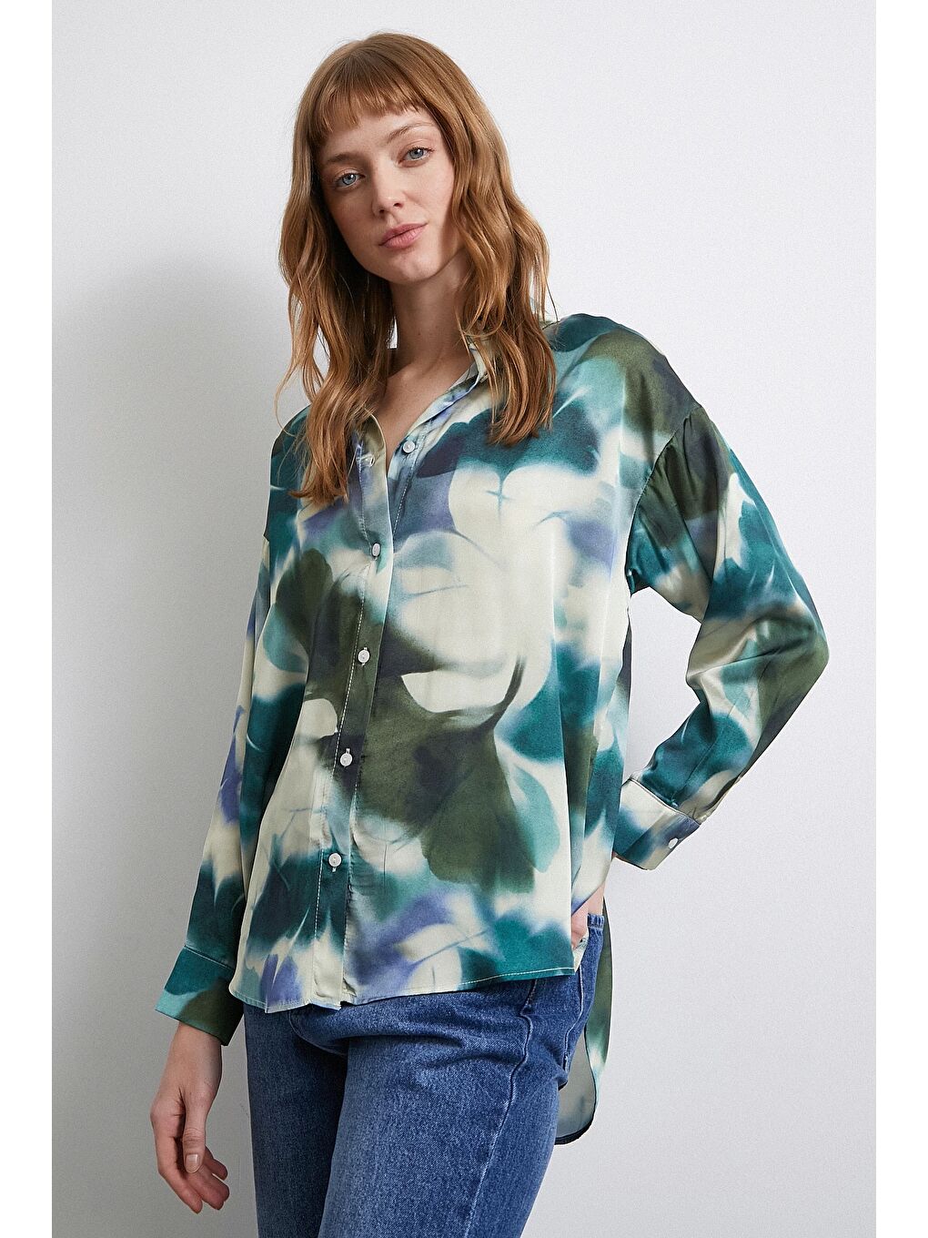 Batik Desen Saten Gömlek Petrol-5