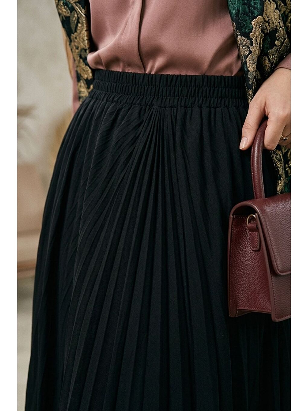 Siyah Bel Lastikli Cepli Tesettür Etek-7