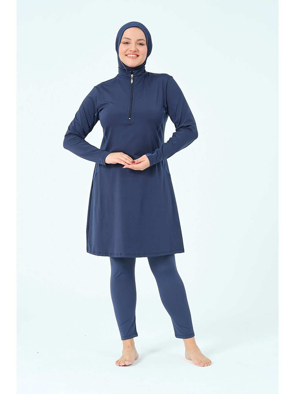 Lacivert Kadın Kapalı Dik Yaka Fermuarlı Hızlı Kuruyan Büyük Beden Tesettür Mayo