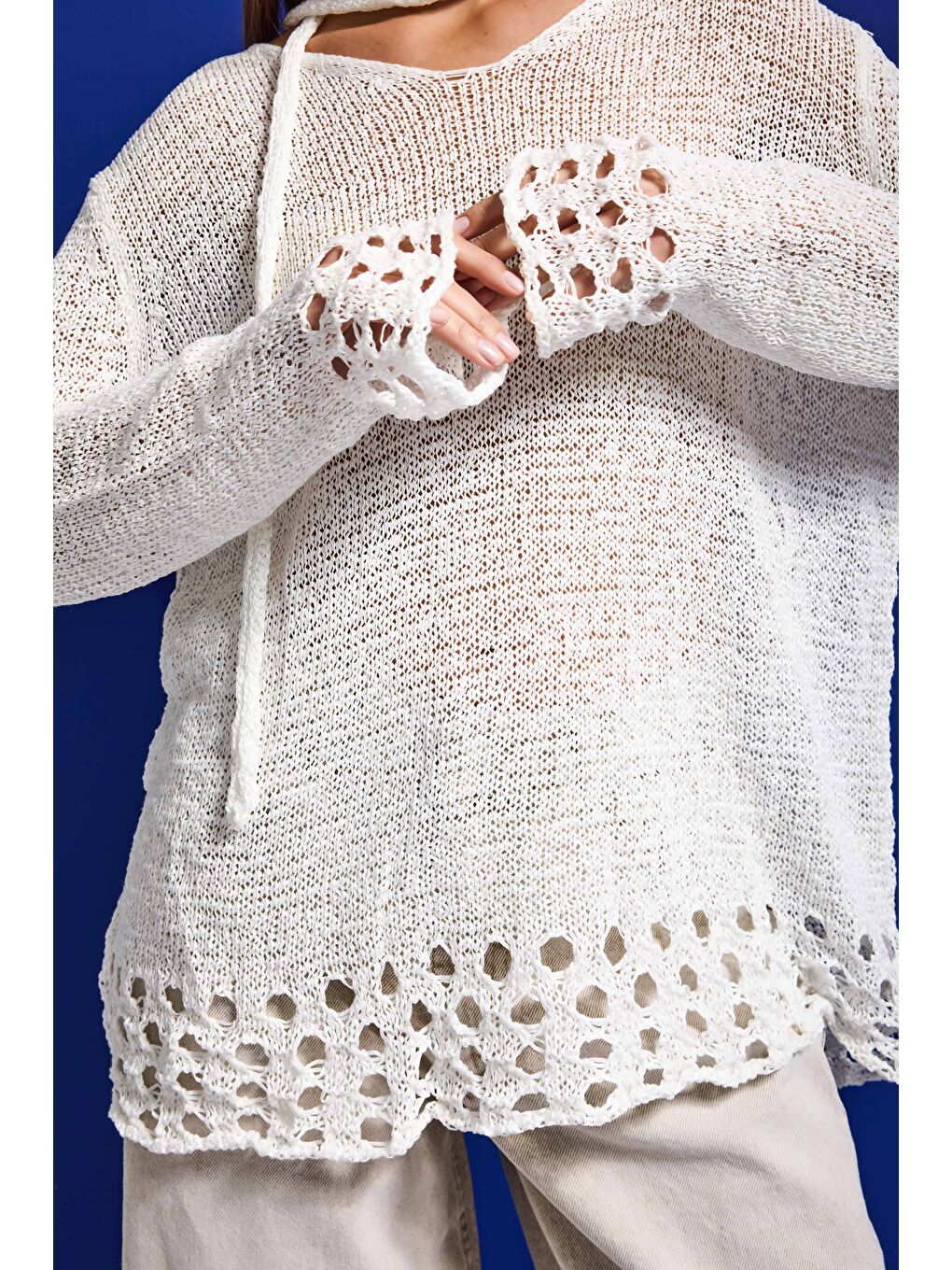 Kadın Beyaz w5 Oversize Özel Kumaş Tasarım Bol Kesim Triko-2