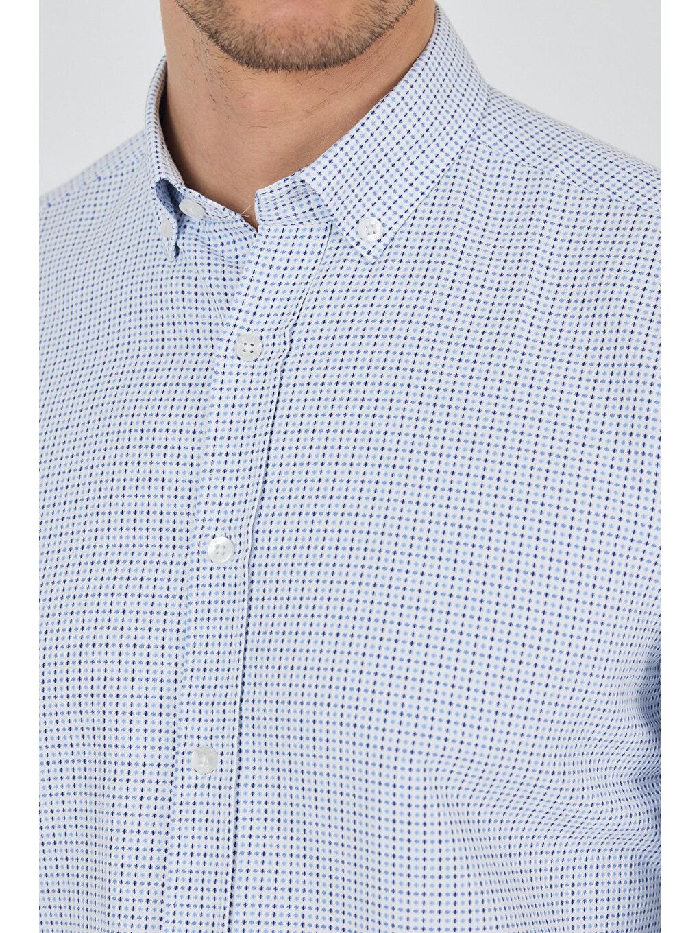 Koyu Mavi Düğmeli Yaka Kendinden Desenli Classic Pamuklu Slim Fit Gömlek 1004250217-2