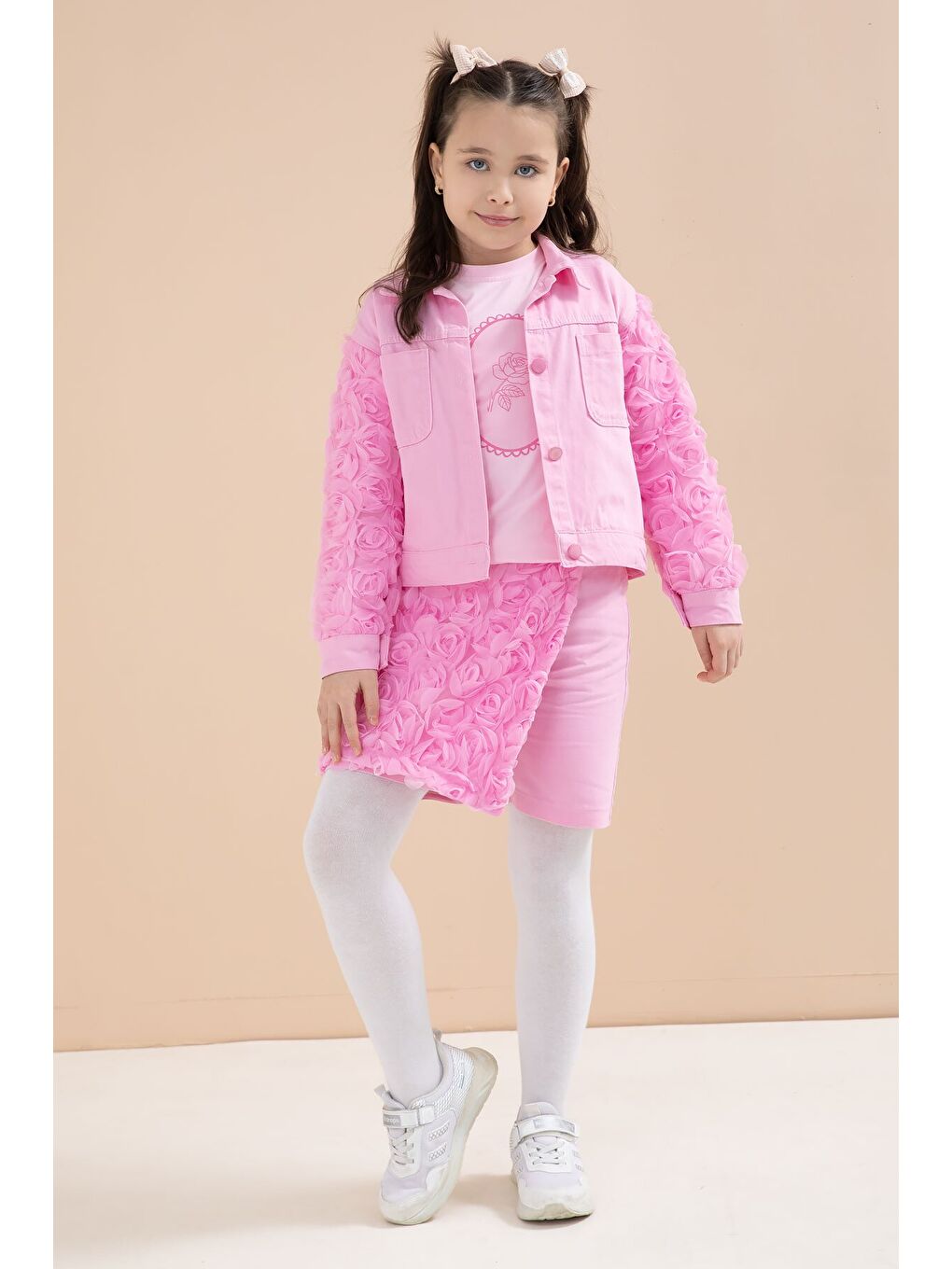 Pembe Gül Detaylı Şort Etekli ve Ceketli Kız Çocuk 3lü Badili Takım 23609-1