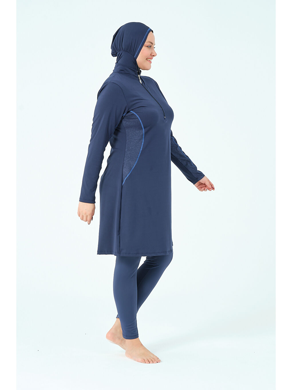 Lacivert Kadın Kapalı Dik Yaka Fermuarlı Hızlı Kuruyan Büyük Beden Tesettür Mayo-1