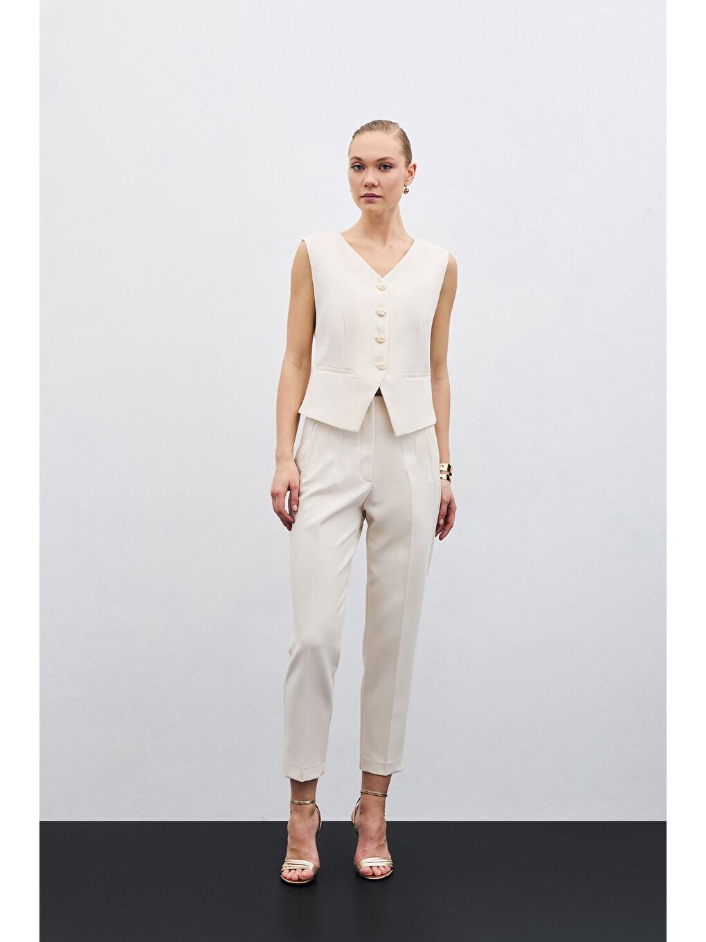 Yüksek Bel Pensli Pantolon - Bej