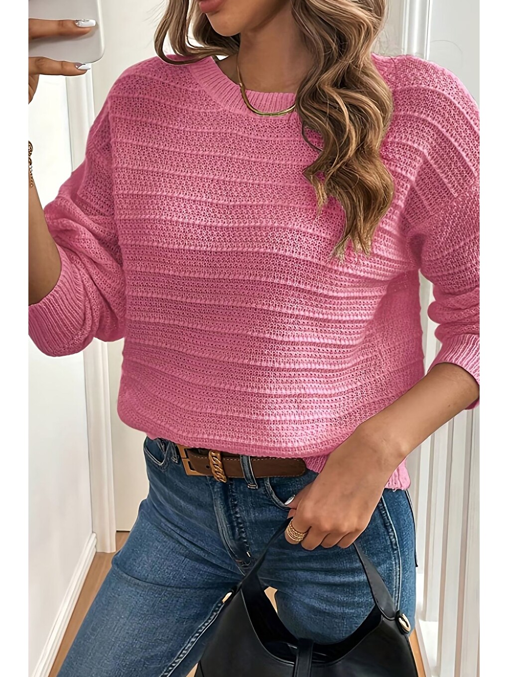 Pembe Kadın Sırt Fiyonklu Triko Bluz