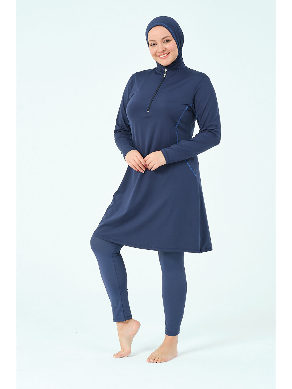 Lacivert Kadın Kapalı Dik Yaka Fermuarlı Hızlı Kuruyan Büyük Beden Tesettür Mayo-2