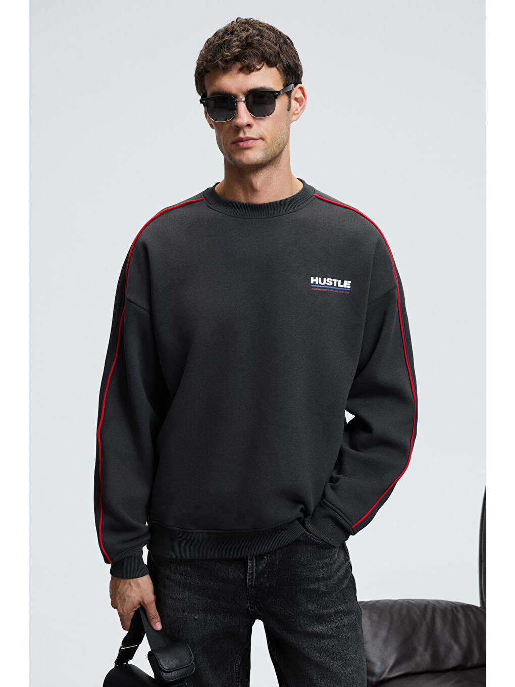 Leıf Erkek Kolları Biyeli Önü Baskılı Yuvarlak Yaka Oversize Antrasit Sweatshirt-2