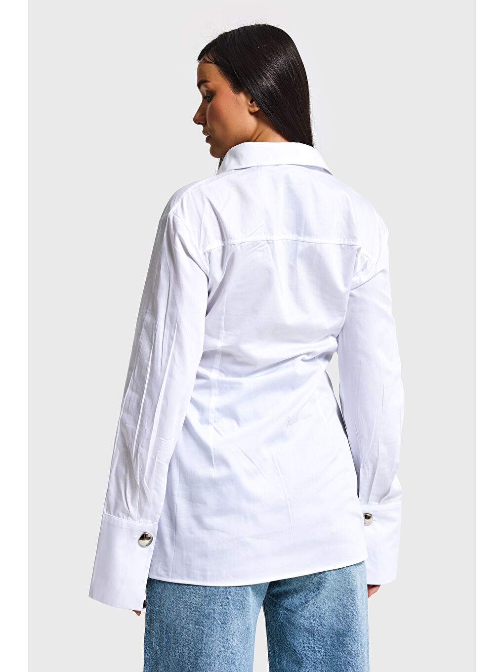 Kadın Beyaz Kimona Stil Bağlamalı Tasarım Gömlek-1