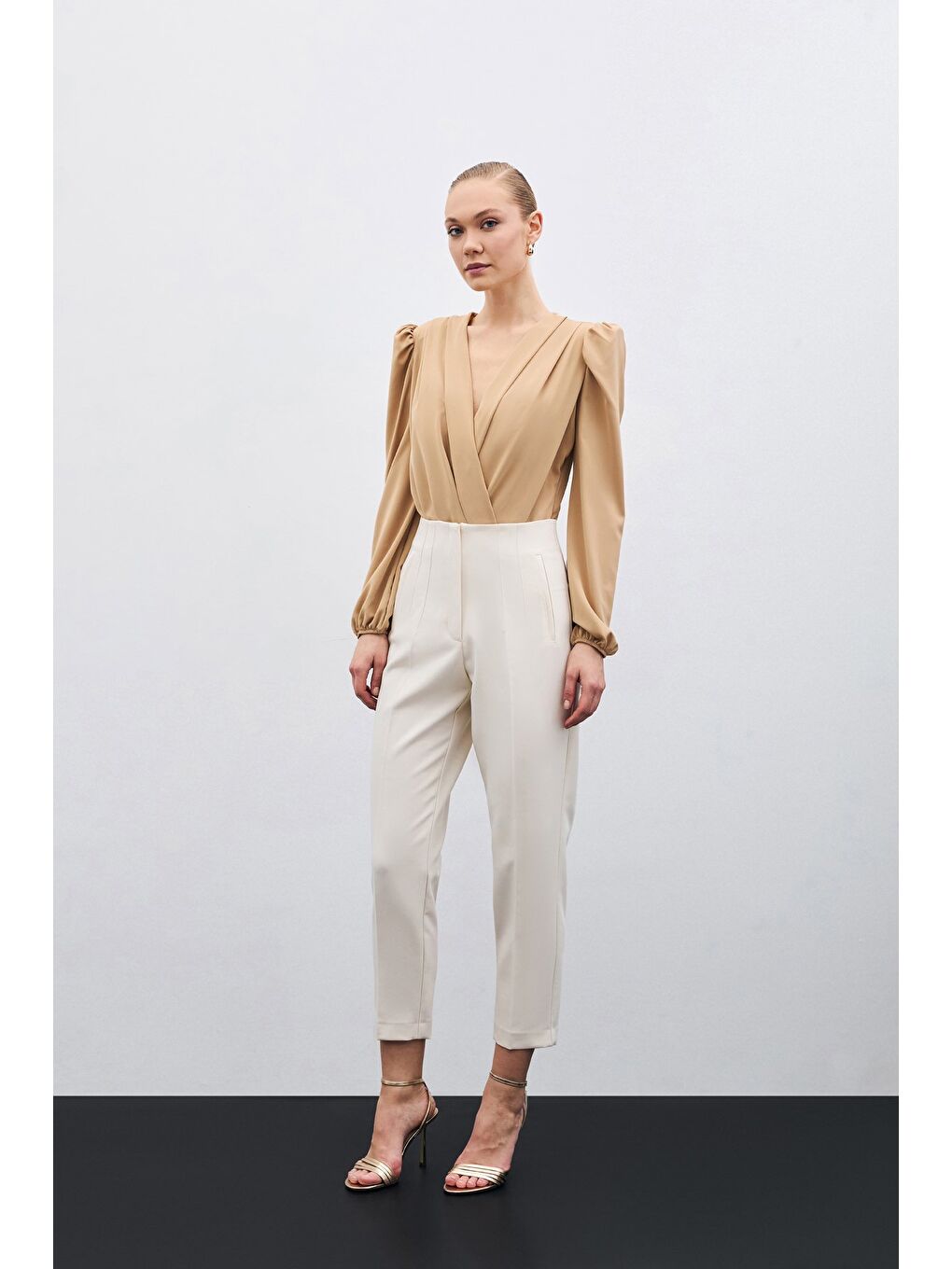 Yüksek Bel Pensli Pantolon - Bej-1