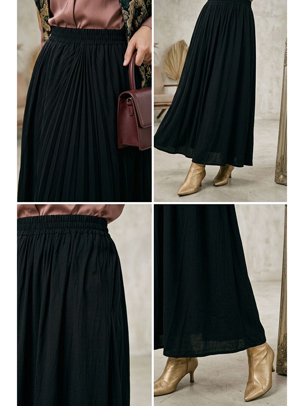 Siyah Bel Lastikli Cepli Tesettür Etek-9