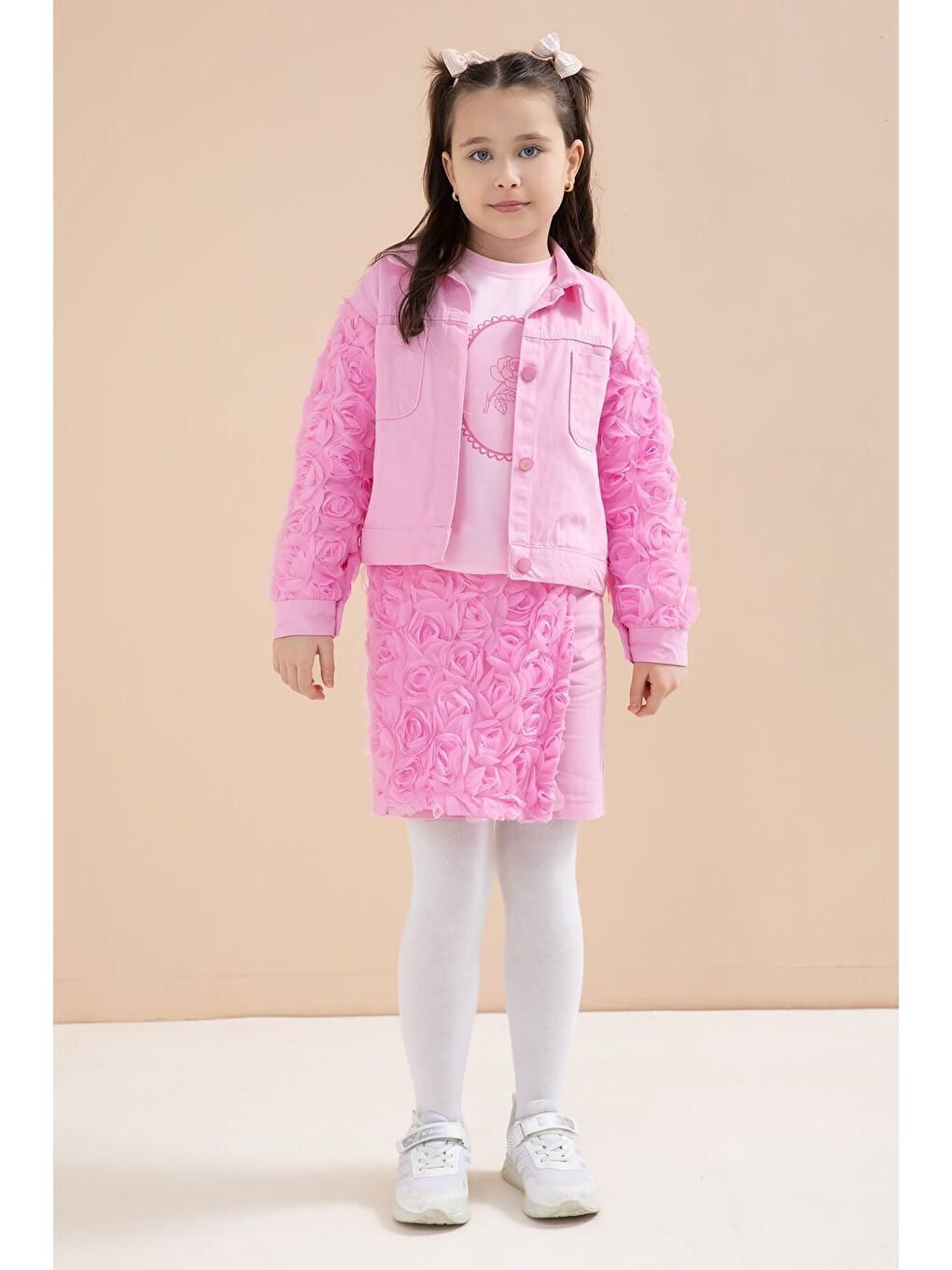 Pembe Gül Detaylı Şort Etekli ve Ceketli Kız Çocuk 3lü Badili Takım 23609-2
