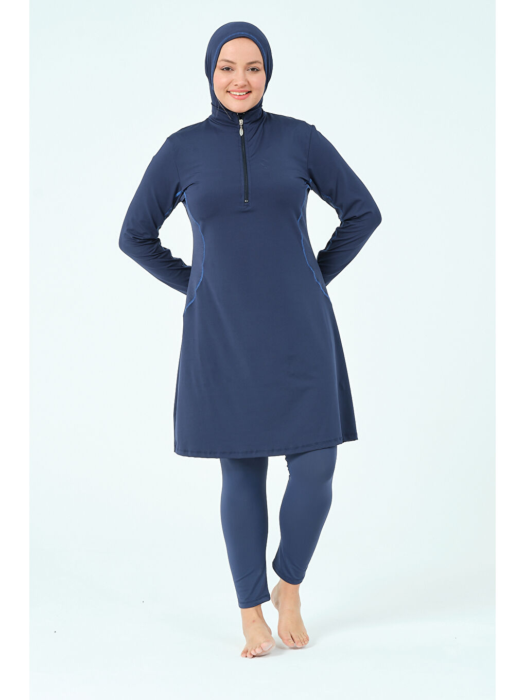 Lacivert Kadın Kapalı Dik Yaka Fermuarlı Hızlı Kuruyan Büyük Beden Tesettür Mayo-3