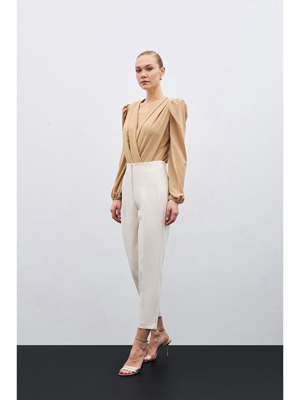 Yüksek Bel Pensli Pantolon - Bej-2