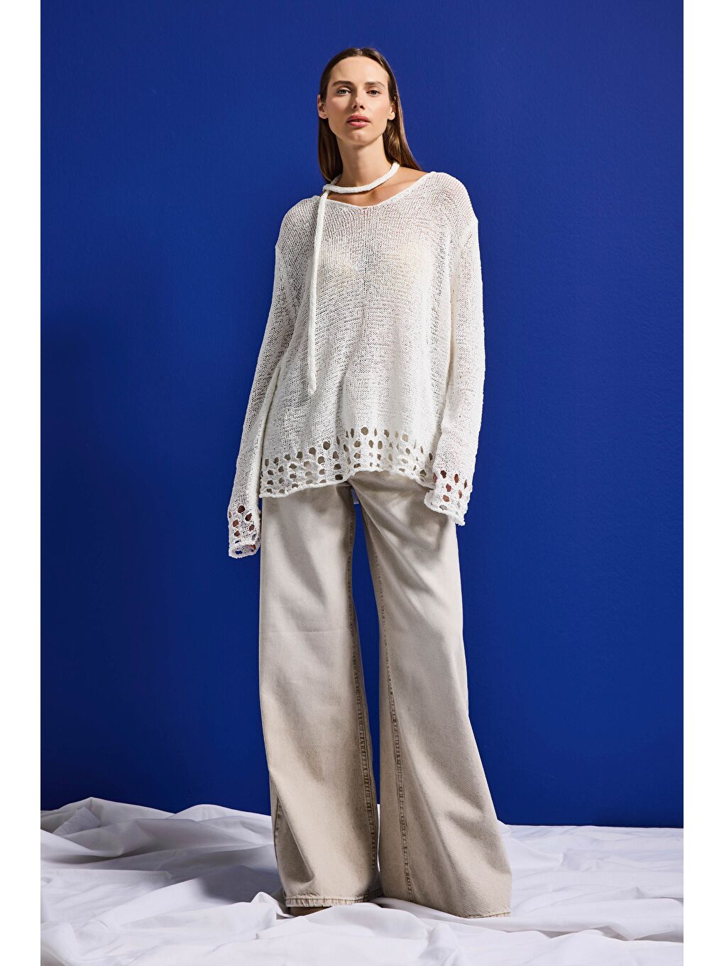 Kadın Beyaz w5 Oversize Özel Kumaş Tasarım Bol Kesim Triko-3