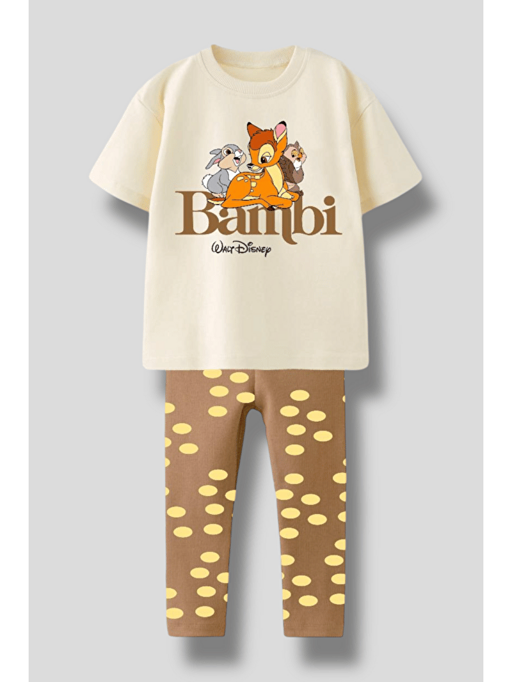 Beyaz Unisex Çocuk Pamuklu Ekru Geyik Baskılı Tişört Tayt Takım