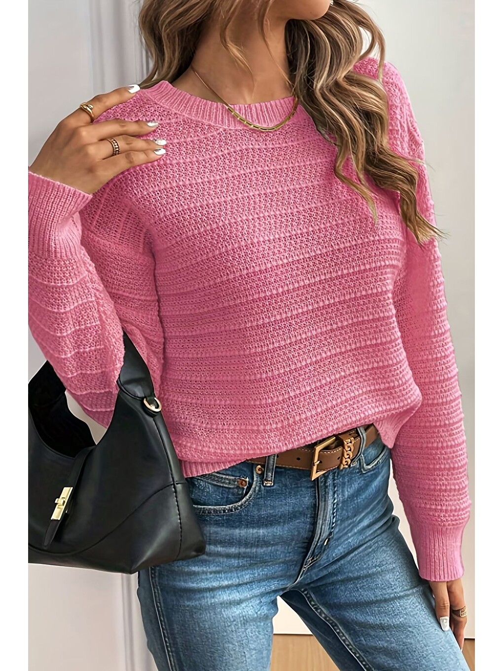 Pembe Kadın Sırt Fiyonklu Triko Bluz-2