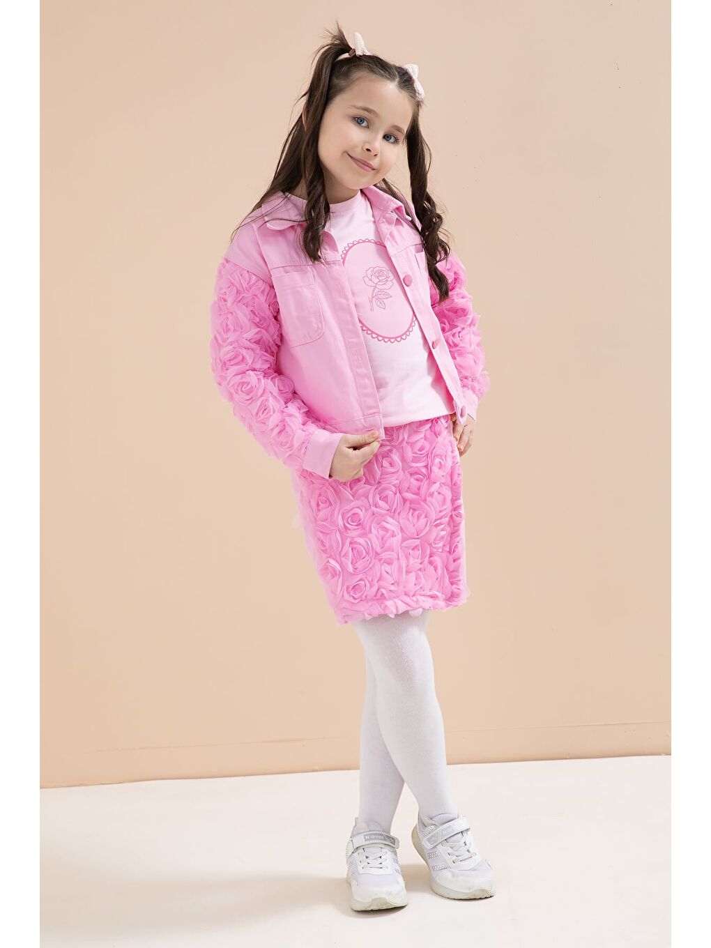 Pembe Gül Detaylı Şort Etekli ve Ceketli Kız Çocuk 3lü Badili Takım 23609-3