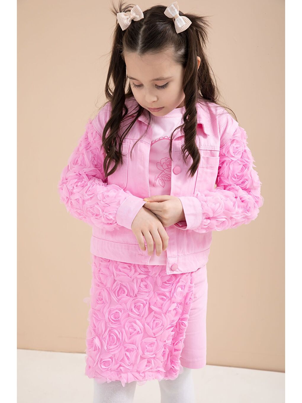 Pembe Gül Detaylı Şort Etekli ve Ceketli Kız Çocuk 3lü Badili Takım 23609-4