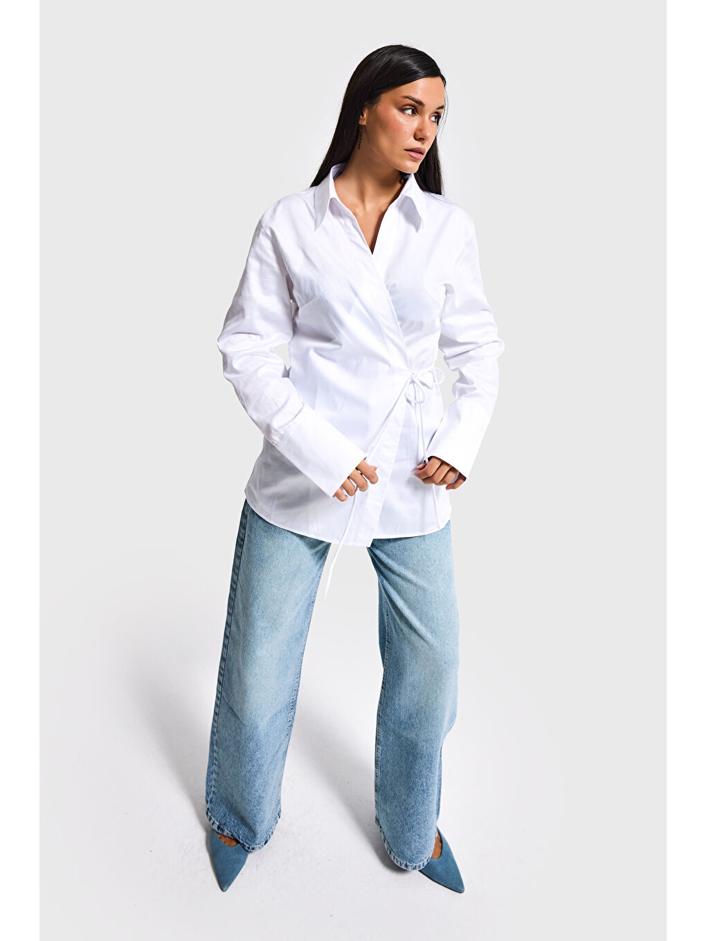Kadın Beyaz Kimona Stil Bağlamalı Tasarım Gömlek-3