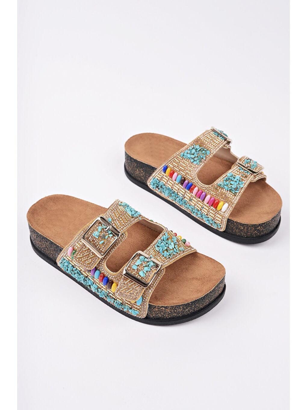 Sarı DELBİN Çift Bantlı Taşlı Ayarlanabilir Kemerli Günlük Kadın Terlik-1