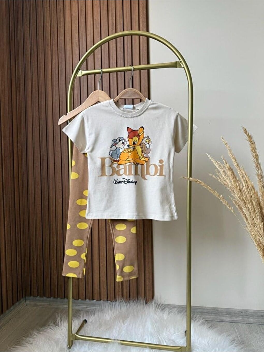 Beyaz Unisex Çocuk Pamuklu Ekru Geyik Baskılı Tişört Tayt Takım-2