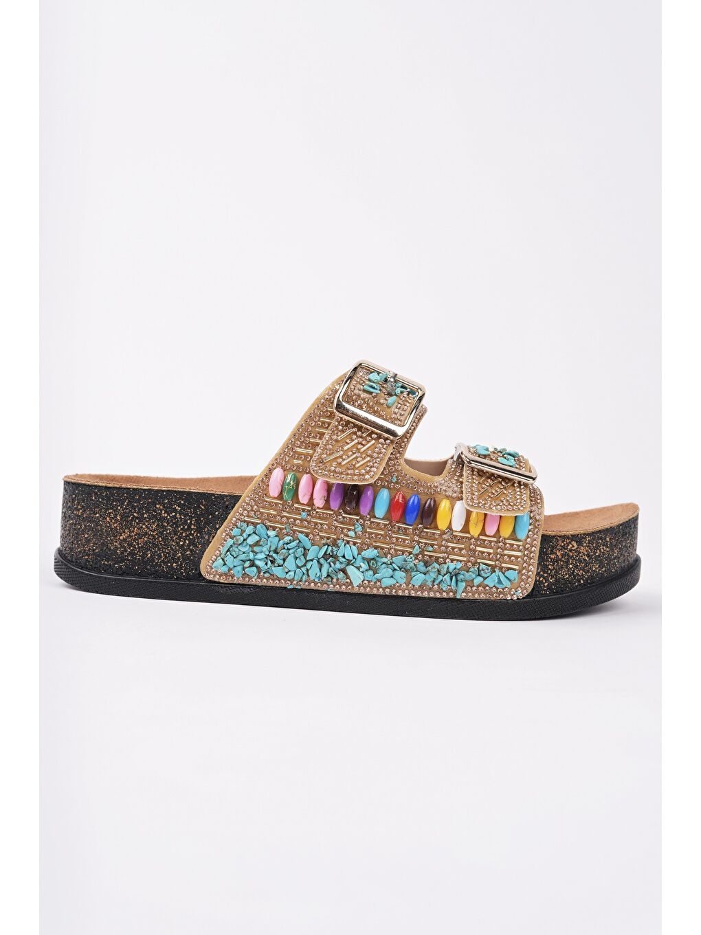 Sarı DELBİN Çift Bantlı Taşlı Ayarlanabilir Kemerli Günlük Kadın Terlik-2