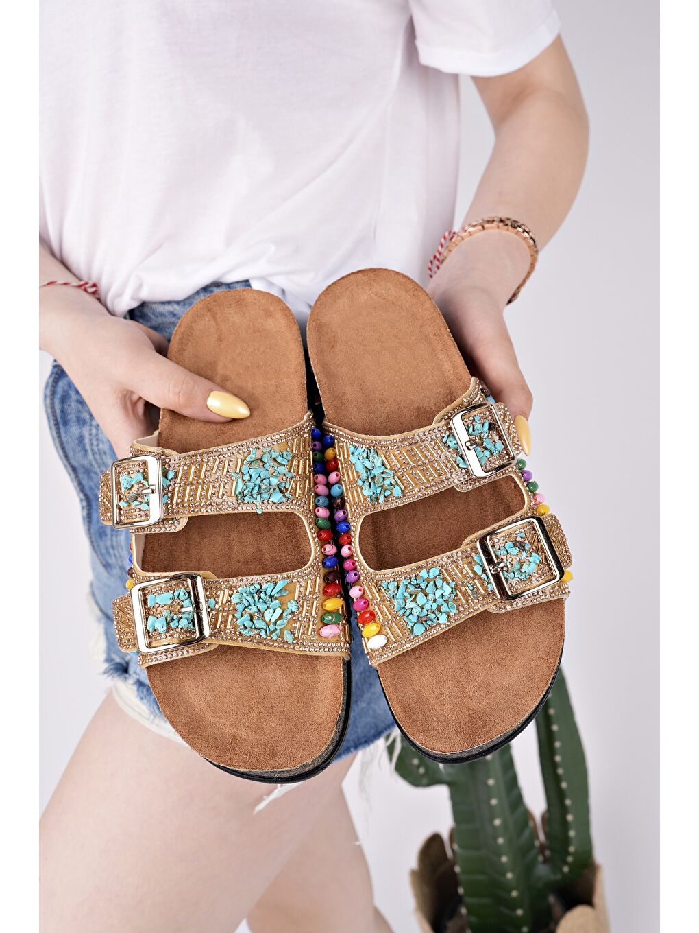 Sarı DELBİN Çift Bantlı Taşlı Ayarlanabilir Kemerli Günlük Kadın Terlik-3