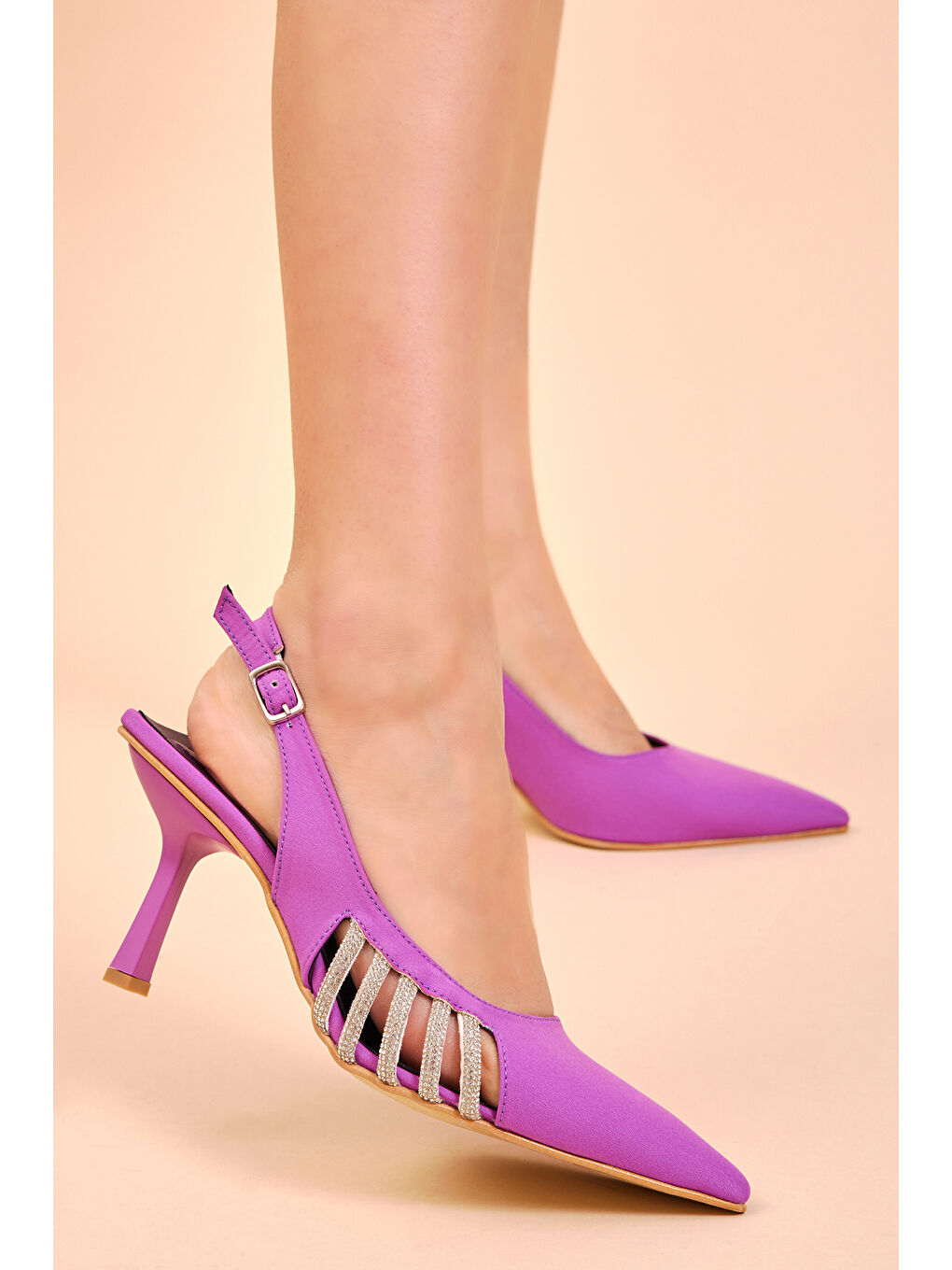 Kadın Mor Gecce Serisi Yanı Taş İşlemeli Sivri Burunlu Topuklu Ayakkabı-1