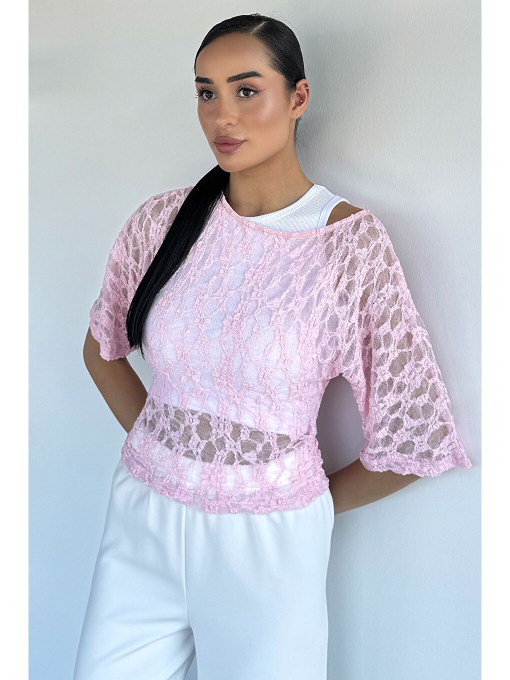 Pembe Kadın Atlet Kombinli Dantel Bluz-1