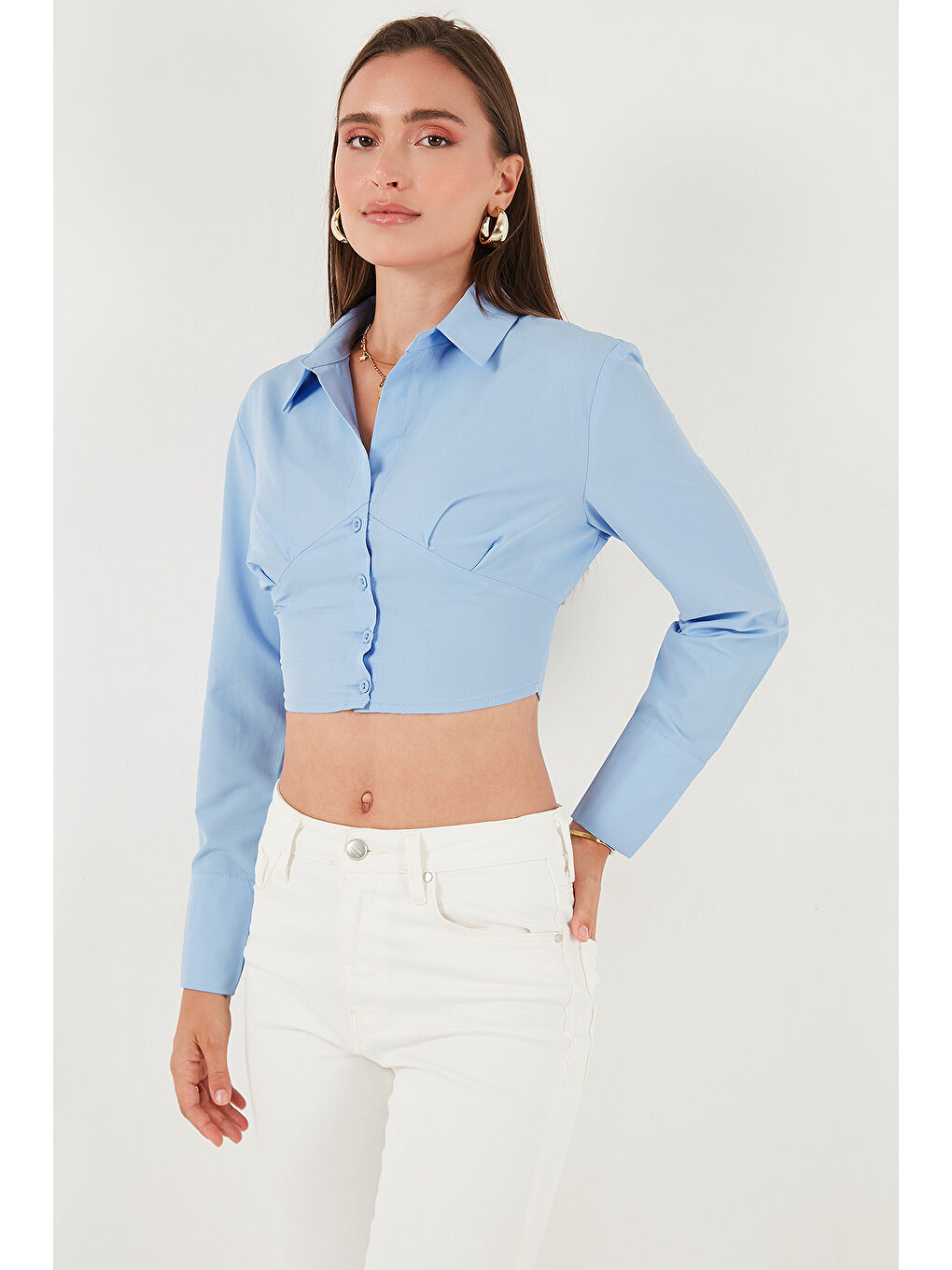 Mavi Fitted Fit Pamuklu Korse Detaylı Uzun Kollu Crop Gömlek 611GO00376-2
