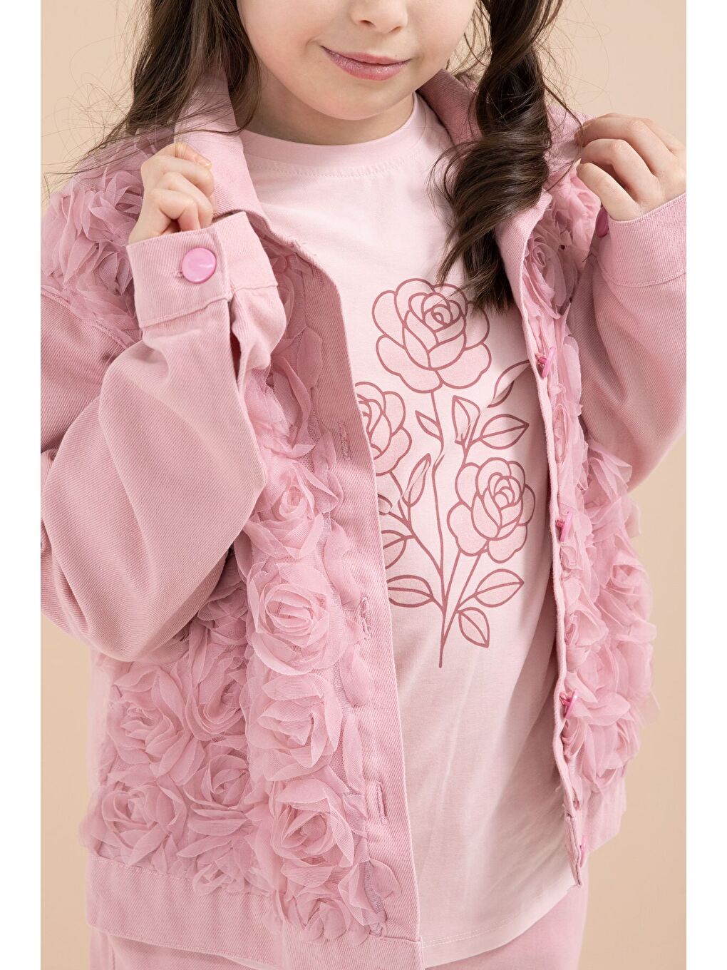 Pembe Önü Gül İşlemeli Ceketli Kız Çocuk Pantolonlu 3lü Alt Üst Takım 23605-1