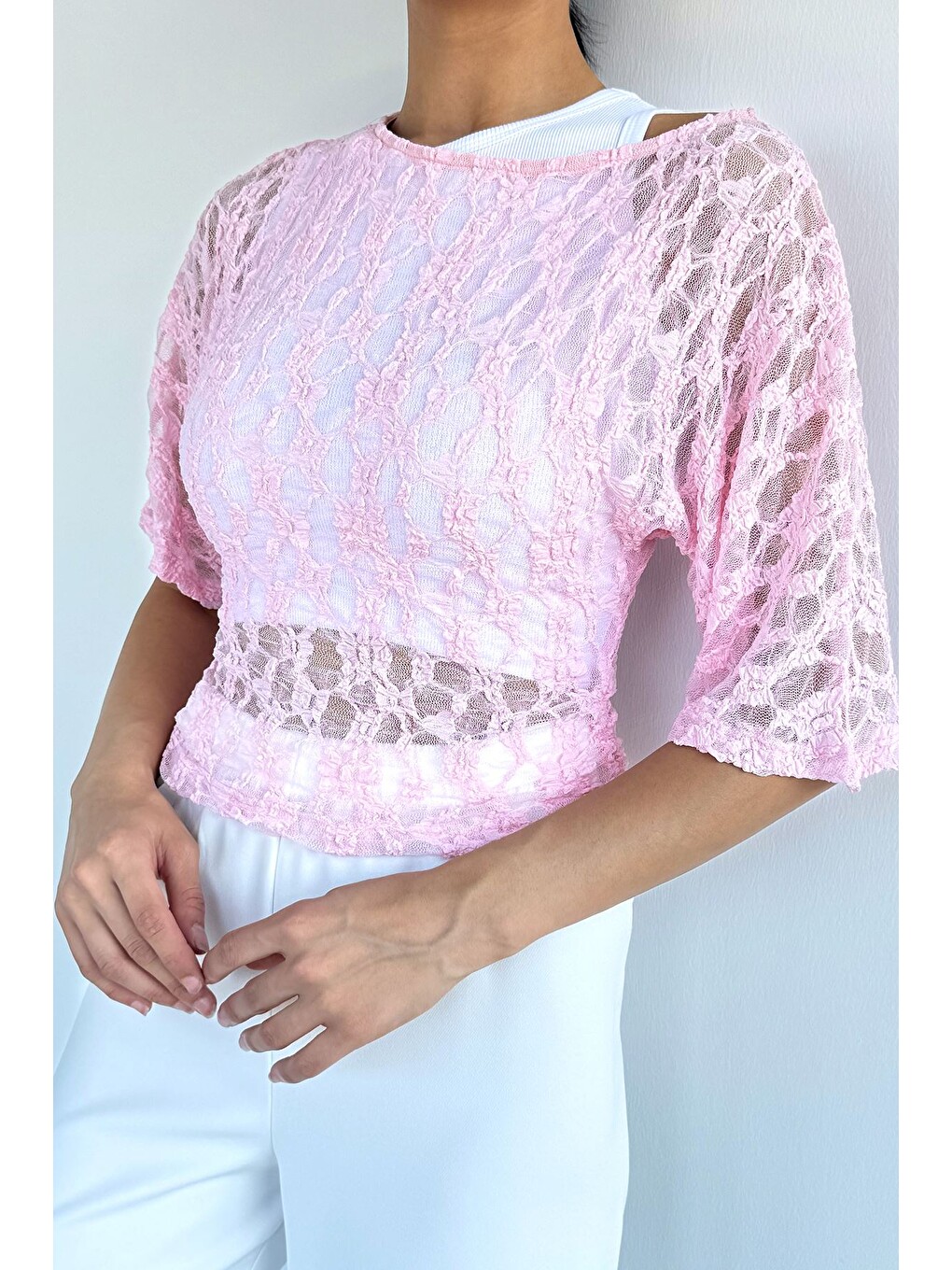 Pembe Kadın Atlet Kombinli Dantel Bluz-2