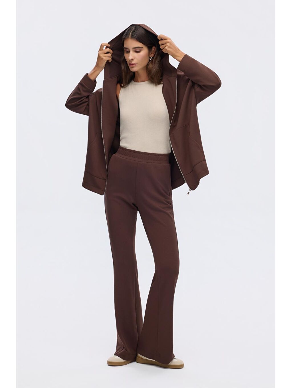 Kahverengi Modal Örme Kapüşonlu Hırka Kahve-2