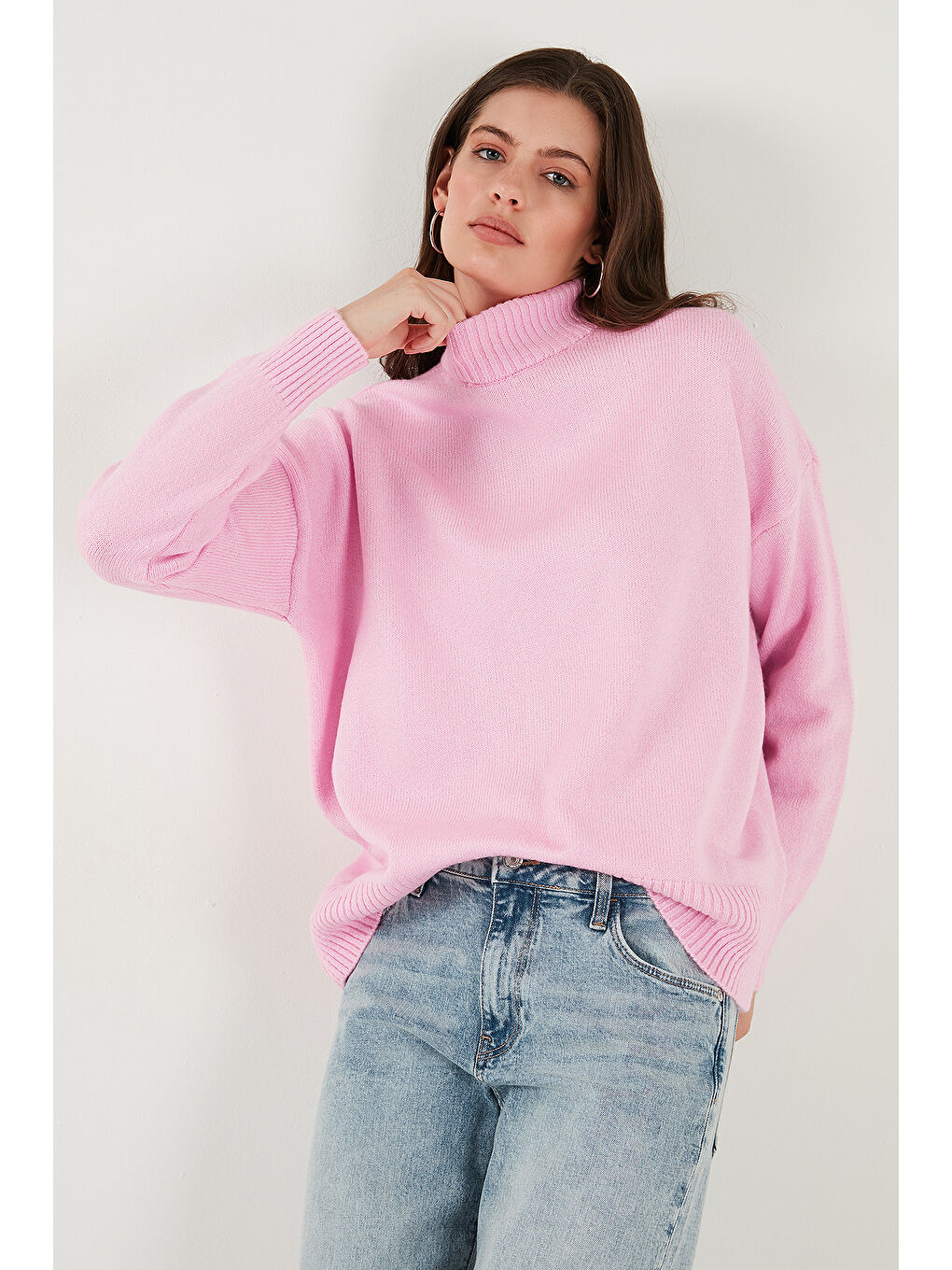 Pembe Premium Oversize Fit Balıkçı Yaka Yumuşak Dokulu Triko Kazak 680KZ00469-5
