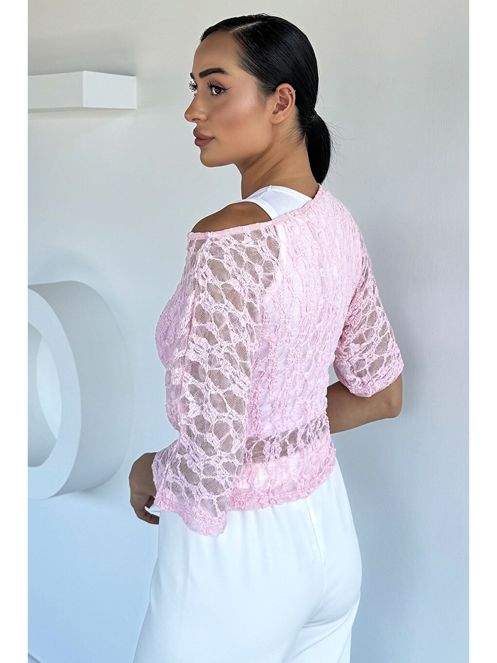 Pembe Kadın Atlet Kombinli Dantel Bluz-3